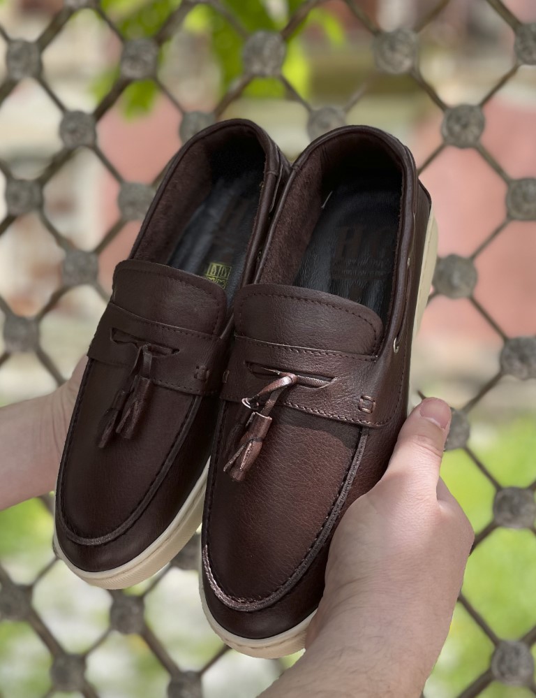 Huxley and Grace Huxley and Grace ανδρικά καφέ δερμάτινα loafers με tassels HG174194K